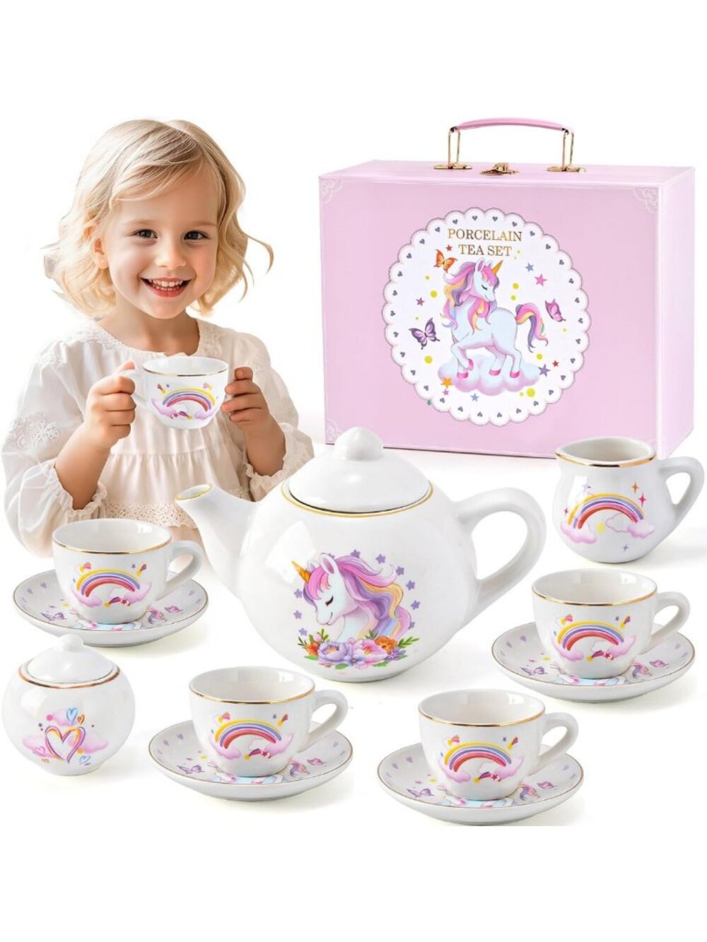 Unicorn Tea Party Set for Kids - 13-Piece Pretend Play Kitchen Toys, Gift Idea